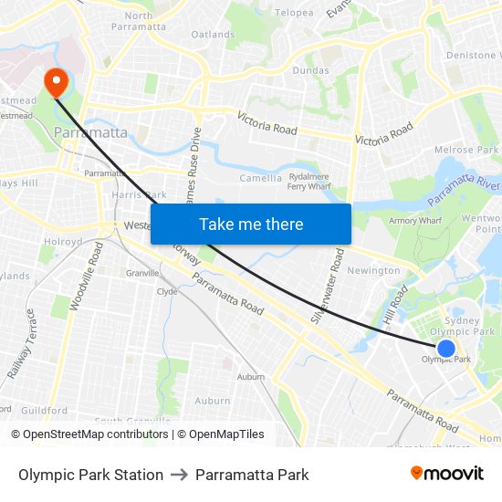Olympic Park Station to Parramatta Park map