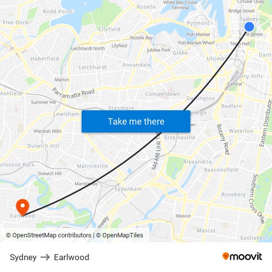 Sydney to Earlwood map