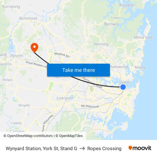 Wynyard Station, York St, Stand G to Ropes Crossing map