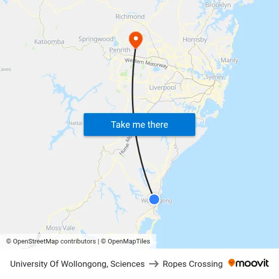 University Of Wollongong, Sciences to Ropes Crossing map