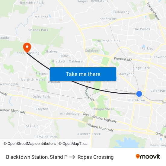 Blacktown Station, Stand F to Ropes Crossing map