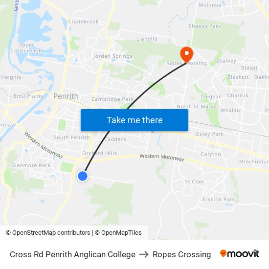 Cross Rd Penrith Anglican College to Ropes Crossing map