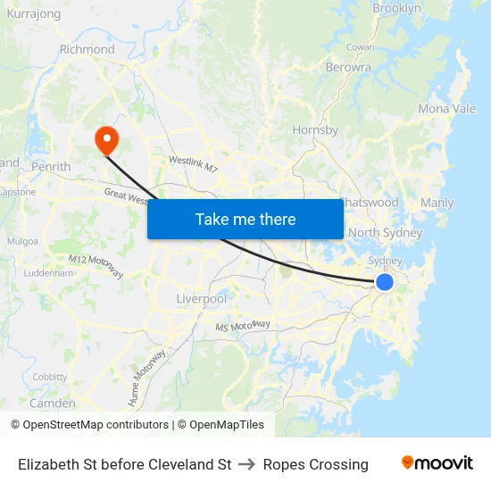 Elizabeth St before Cleveland St to Ropes Crossing map