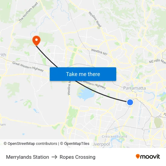 Merrylands Station to Ropes Crossing map