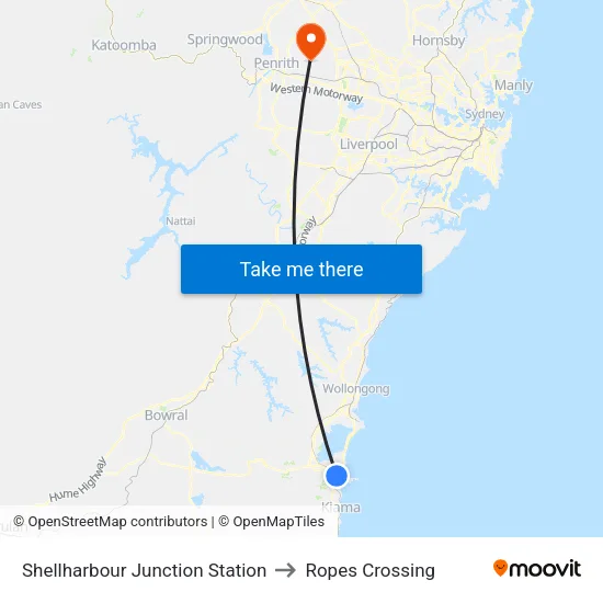 Shellharbour Junction Station to Ropes Crossing map