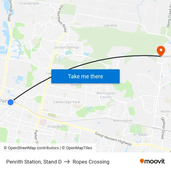 Penrith Station, Stand D to Ropes Crossing map