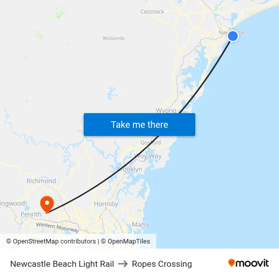 Newcastle Beach Light Rail to Ropes Crossing map