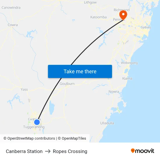 Canberra Station to Ropes Crossing map