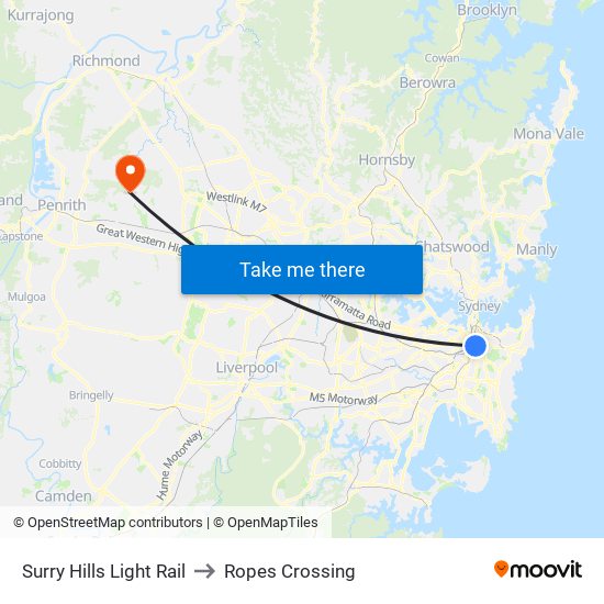 Surry Hills Light Rail to Ropes Crossing map