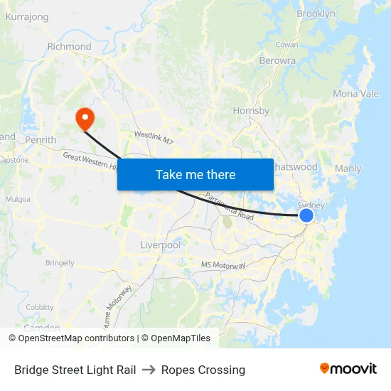 Bridge Street Light Rail to Ropes Crossing map