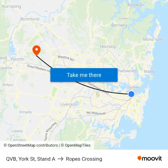 QVB, York St, Stand A to Ropes Crossing map