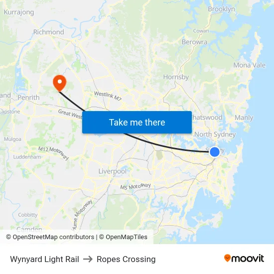 Wynyard Light Rail to Ropes Crossing map