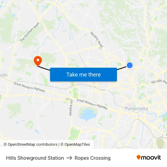 Hills Showground Station to Ropes Crossing map
