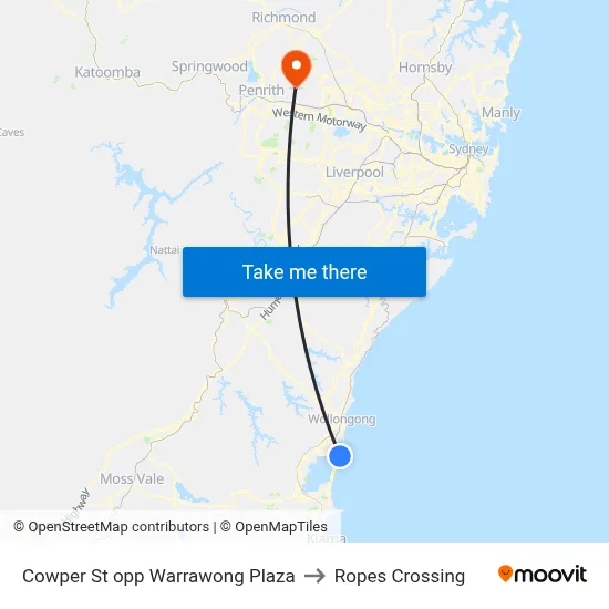 Cowper St opp Warrawong Plaza to Ropes Crossing map