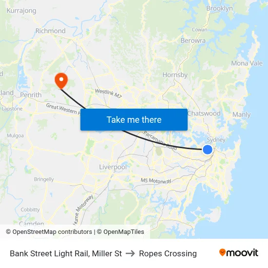Bank Street Light Rail, Miller St to Ropes Crossing map