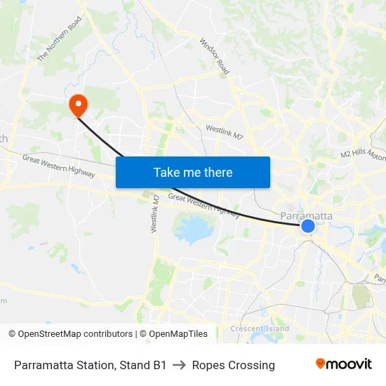 Parramatta Station, Stand B1 to Ropes Crossing map