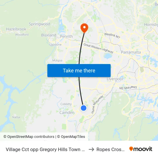 Village Cct opp Gregory Hills Town Centre to Ropes Crossing map