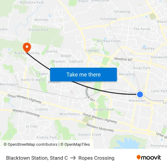 Blacktown Station, Stand C to Ropes Crossing map