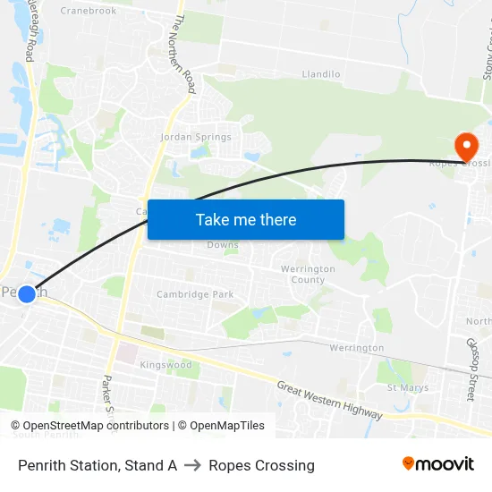 Penrith Station, Stand A to Ropes Crossing map