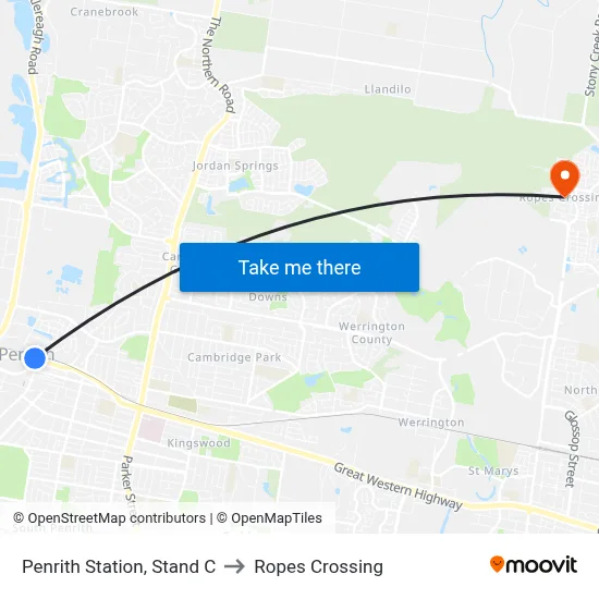 Penrith Station, Stand C to Ropes Crossing map