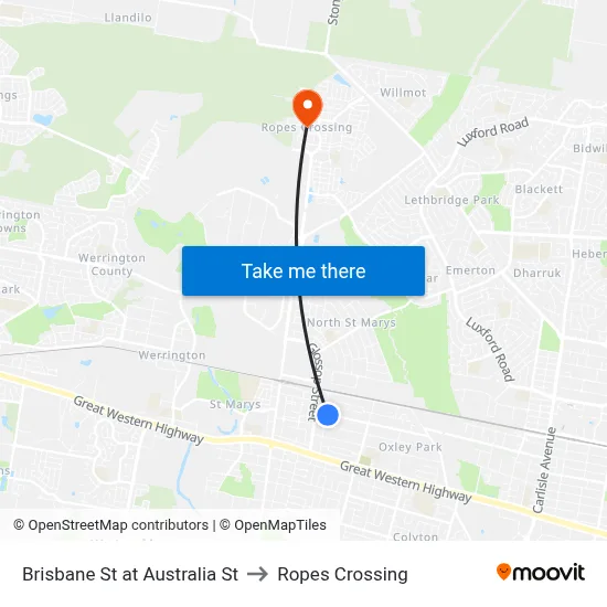 Brisbane St at Australia St to Ropes Crossing map