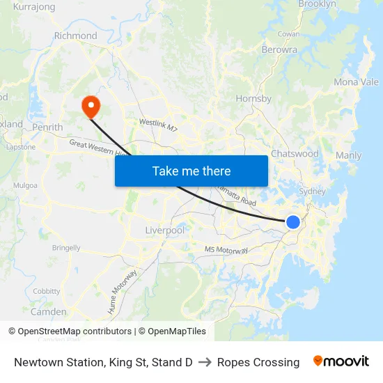 Newtown Station, King St, Stand D to Ropes Crossing map