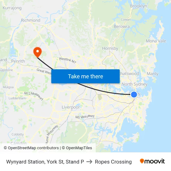 Wynyard Station, York St, Stand P to Ropes Crossing map