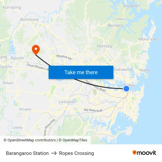 Barangaroo Station to Ropes Crossing map
