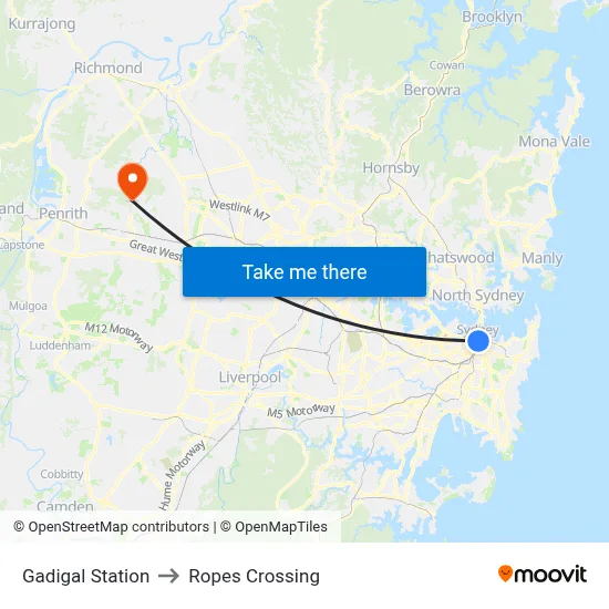 Gadigal Station to Ropes Crossing map