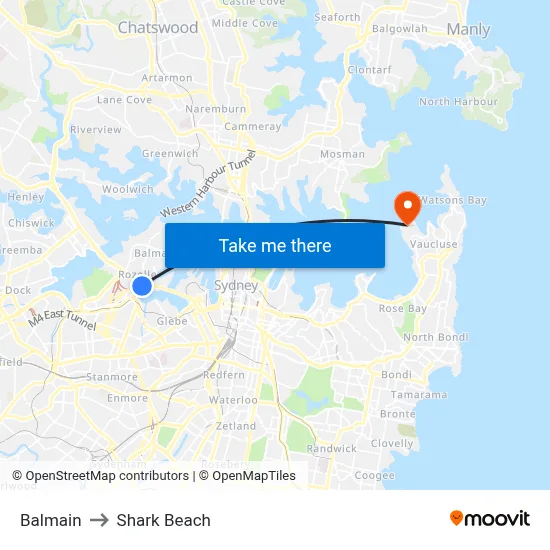 Balmain to Shark Beach map