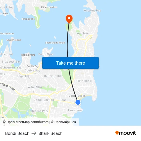 Bondi Beach to Shark Beach map