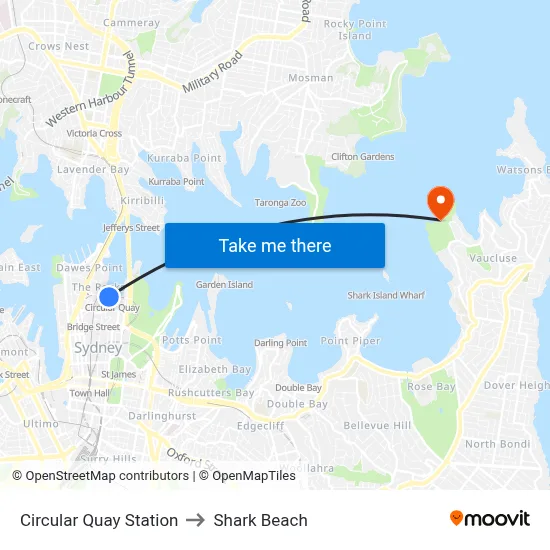 Circular Quay Station to Shark Beach map