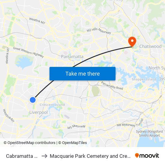 Cabramatta West to Macquarie Park Cemetery and Crematorium map