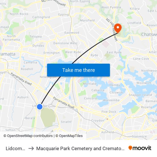 Lidcombe to Macquarie Park Cemetery and Crematorium map