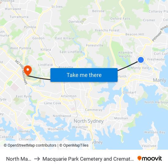North Manly to Macquarie Park Cemetery and Crematorium map