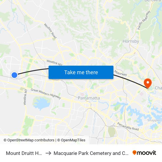 Mount Druitt Hospital to Macquarie Park Cemetery and Crematorium map