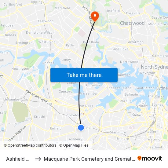 Ashfield Mall to Macquarie Park Cemetery and Crematorium map