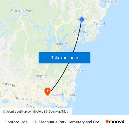 Gosford Hospital to Macquarie Park Cemetery and Crematorium map