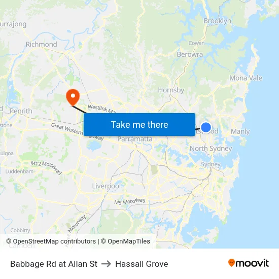 Babbage Rd at Allan St to Hassall Grove map