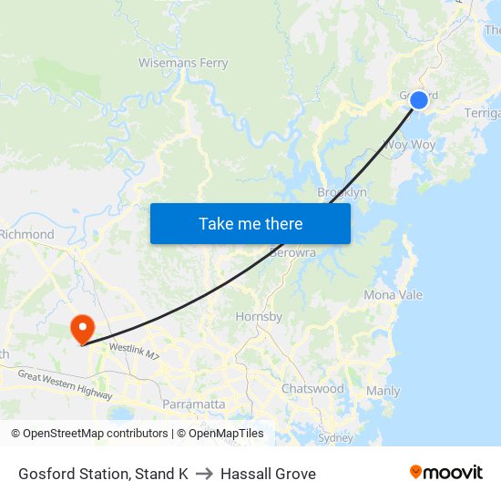 Gosford Station, Stand K to Hassall Grove map