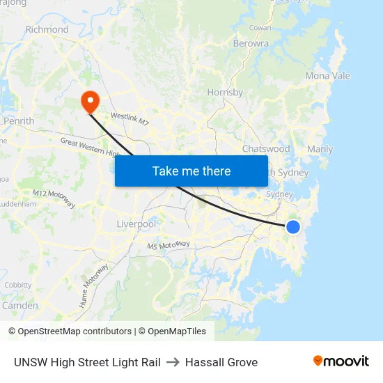 UNSW High Street Light Rail to Hassall Grove map
