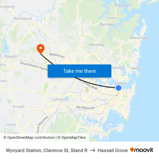 Wynyard Station, Clarence St, Stand R to Hassall Grove map