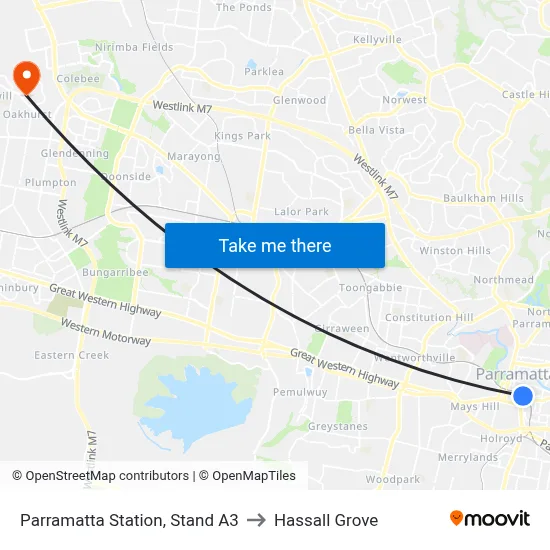Parramatta Station, Stand A3 to Hassall Grove map
