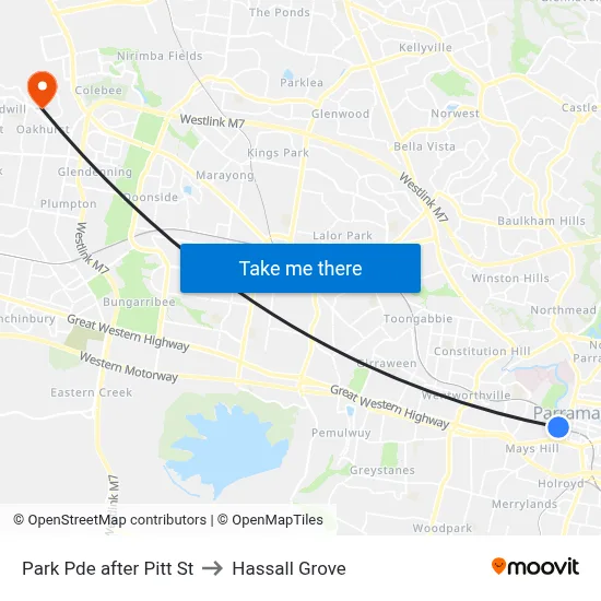 Park Pde after Pitt St to Hassall Grove map