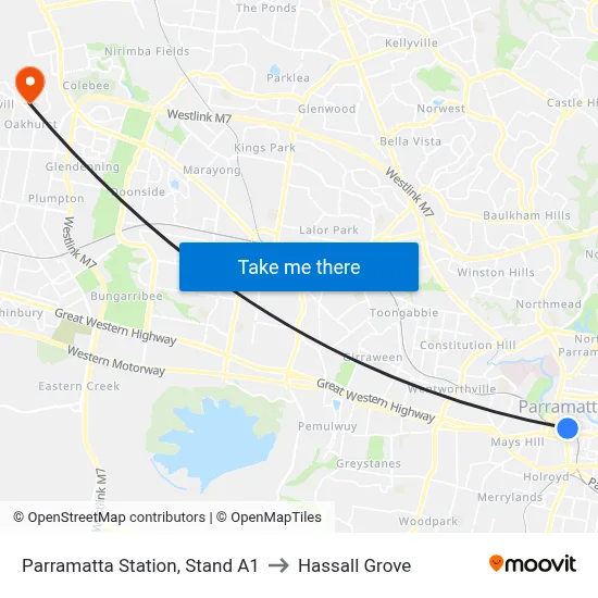 Parramatta Station, Stand A1 to Hassall Grove map