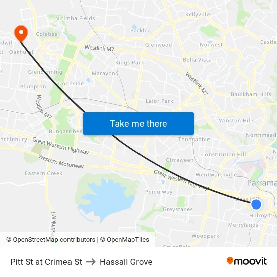 Pitt St at Crimea St to Hassall Grove map