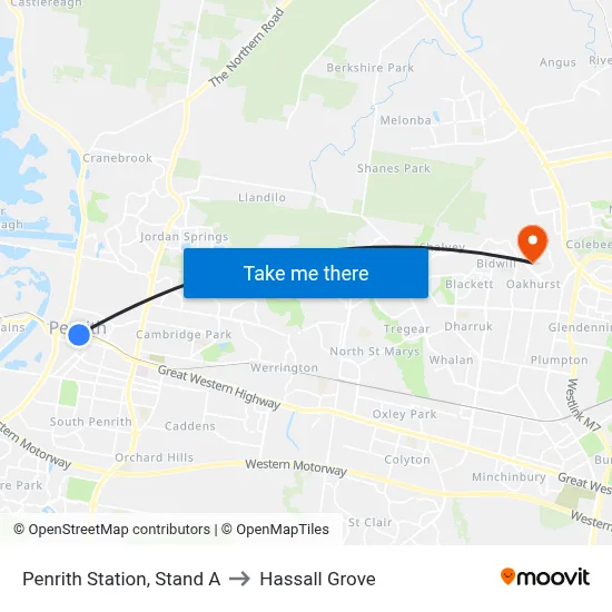 Penrith Station, Stand A to Hassall Grove map