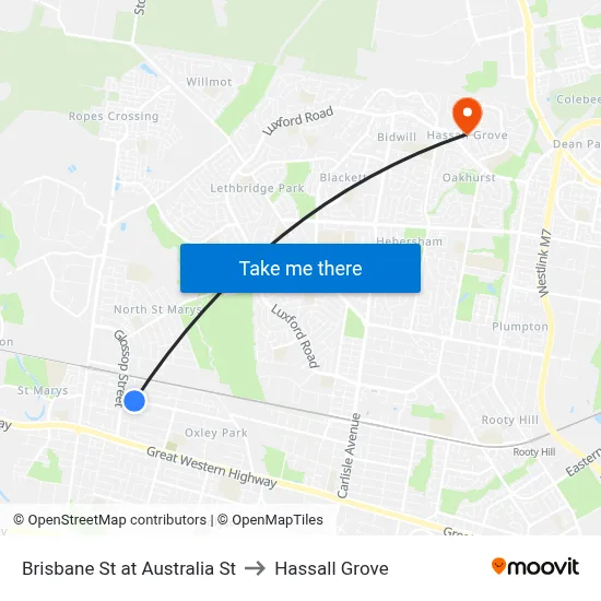 Brisbane St at Australia St to Hassall Grove map