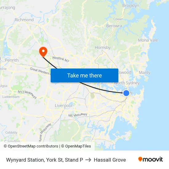 Wynyard Station, York St, Stand P to Hassall Grove map