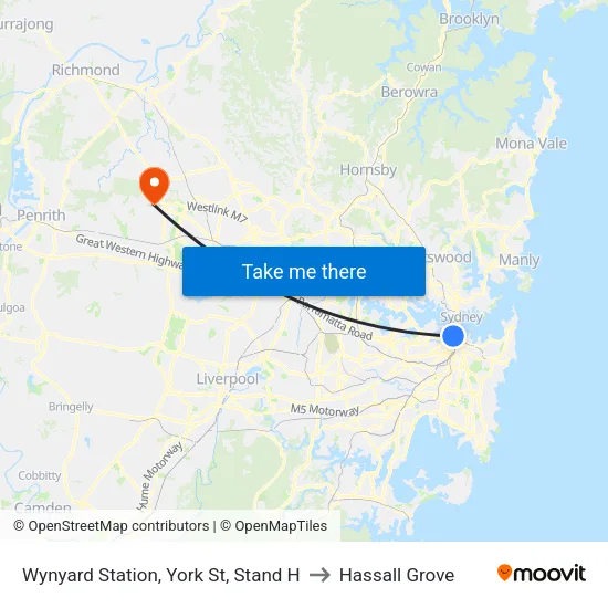 Wynyard Station, York St, Stand H to Hassall Grove map
